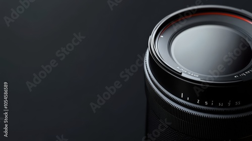 Camera Lens Close-up: A sleek, black camera lens takes center stage against a dark background, its intricate details highlighted in a dramatic, high-resolution image. photo