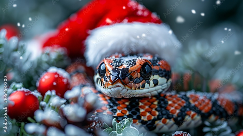 Festive Serpent with Santa Hat Colorful Reptile in Snowy Holiday Greenery Decoration. Symbol of 2025 Festive Serpent with Santa Hat Colorful Reptile in Snowy Holiday Greenery Decoration. Symbol of 2025