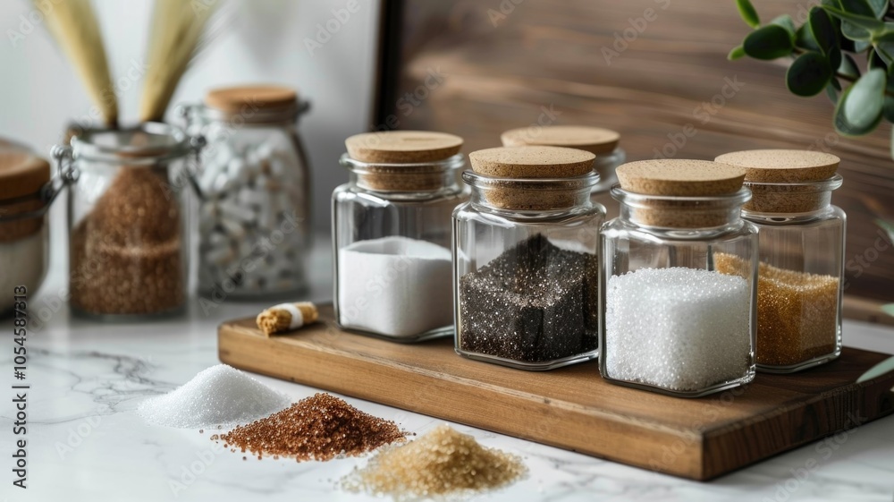 elegant glass jars with different sugar substitutes, emphasizing clear labeling and modern design