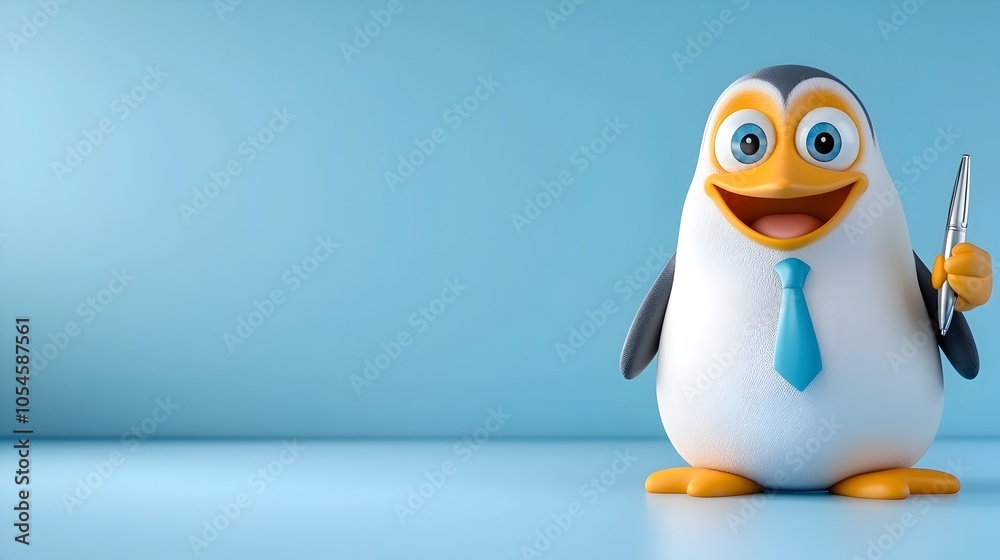 Obraz premium Whimsical 3D of a cartoon penguin dressed in a formal business suit and tie holding a pen as if in a professional office setting