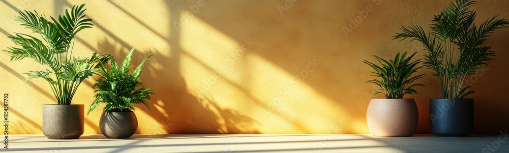Three potted plants are sitting in front of a yellow wall Three potted plants are sitting in front of a yellow wall