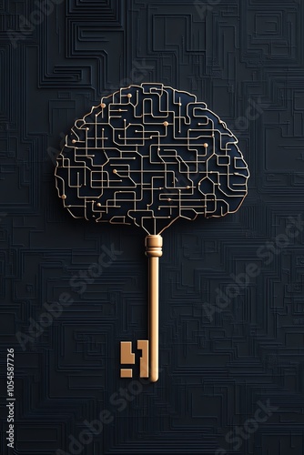 Gold circuit key shaped as a brain on dark surface, symbolizing artificial intelligence and digital security concept.
