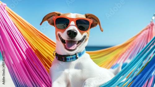 Happy dog in sunglasses relaxing on colorful hammock at the beach photo