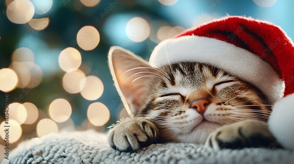 Adorable fluffy kitten wearing a red Santa hat curled up comfortably and sleeping peacefully next to twinkling Christmas lights and festive holiday bokeh background Adorable fluffy kitten wearing a red Santa hat curled up comfortably and sleeping peacefully next to twinkling Christmas lights and festive holiday bokeh background