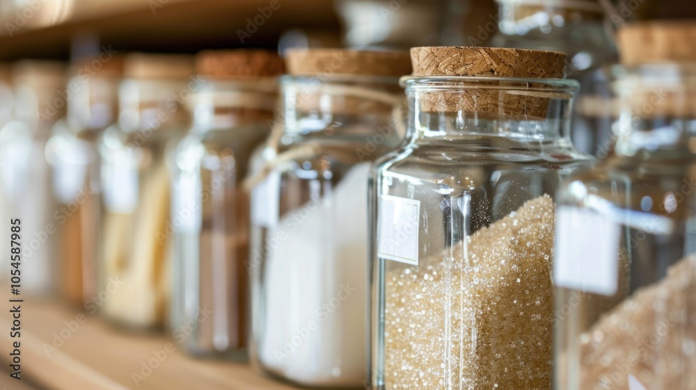 glass jars containing various sugar substitutes, with clear labels, displayed in a modern kitchen glass jars containing various sugar substitutes, with clear labels, displayed in a modern kitchen