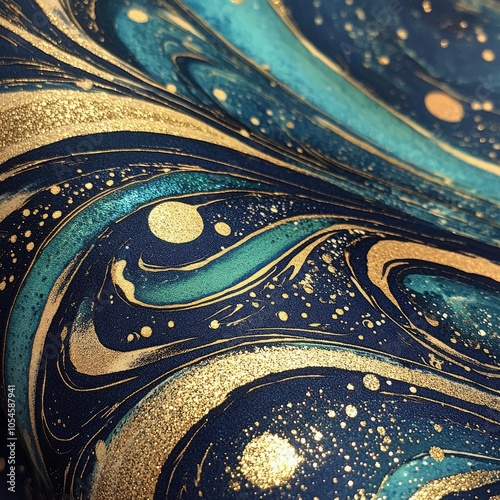 A close-up of a marbled paper design featuring blue, gold, and dark hues.