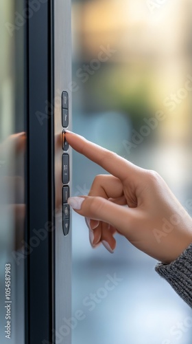 Unlocking Opportunity: A close-up shot of a woman's hand entering a security code on a sleek, modern door, symbolizing access, security, and the potential that lies beyond. 