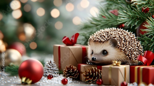 Cute hedgehog sitting in a miniature Christmas scene with a small decorated tree wrapped gifts and pine cones  Festive holiday 3D photo