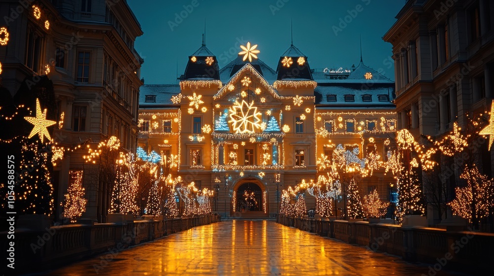Naklejka premium A beautifully decorated building adorned with blue and white Christmas lights, surrounded by glowing trees and festive ornaments on a quiet winter night.