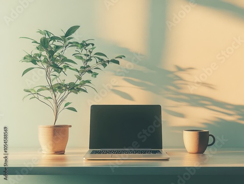 Laptop computer sitting on a desk next to a plant