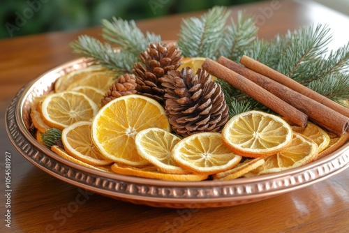 seasonal table decor, dried citrus slices, pinecones, and cinnamon sticks in a copper bowl make a charming centerpiece on a dining table photo