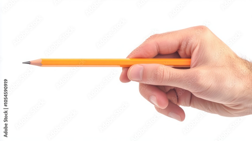 Hand Holding an Orange Pencil on White Background Hand Holding an Orange Pencil on White Background
