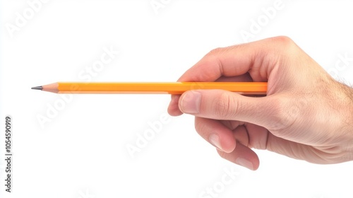 Hand Holding an Orange Pencil on White Background