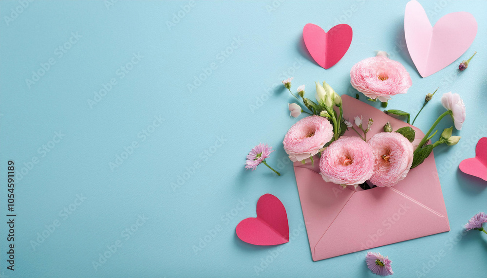 Valentine's day background with pink envelope, paper hearts and pink flowers on blue background. copy space
