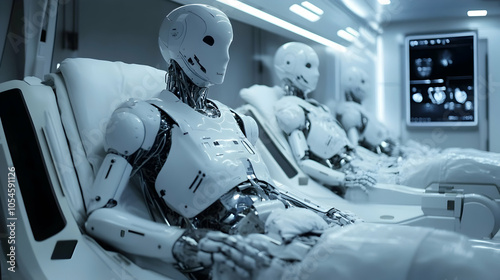 AI-controlled robotic surgeons performing high-risk surgeries in a futuristic setting -