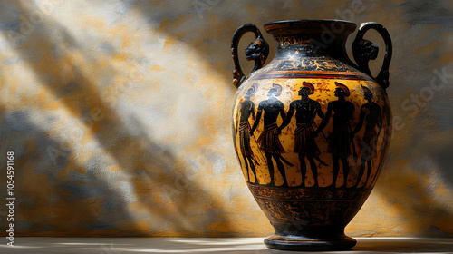 Ancient Greek Amphora: An ancient Greek amphora depicting warriors in black-figure style, showcasing classical artistry.  - photo