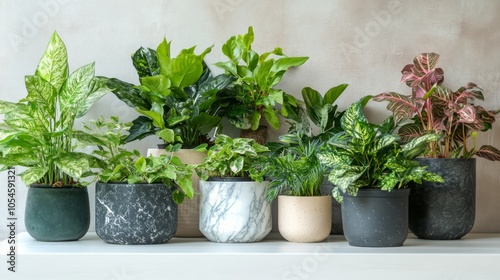 Assorted Indoor Plants in Stylish Pots on a Light Background