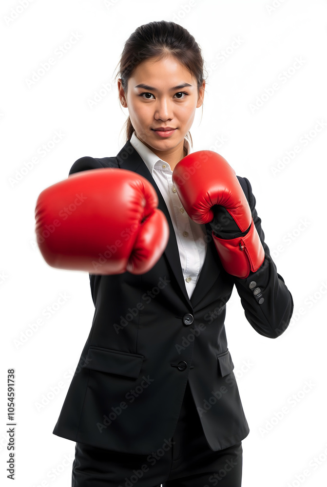 Confident asian businesswoman with boxing gloves in Power Pose - Concept of Corporate Strength and Determination Confident asian businesswoman with boxing gloves in Power Pose - Concept of Corporate Strength and Determination