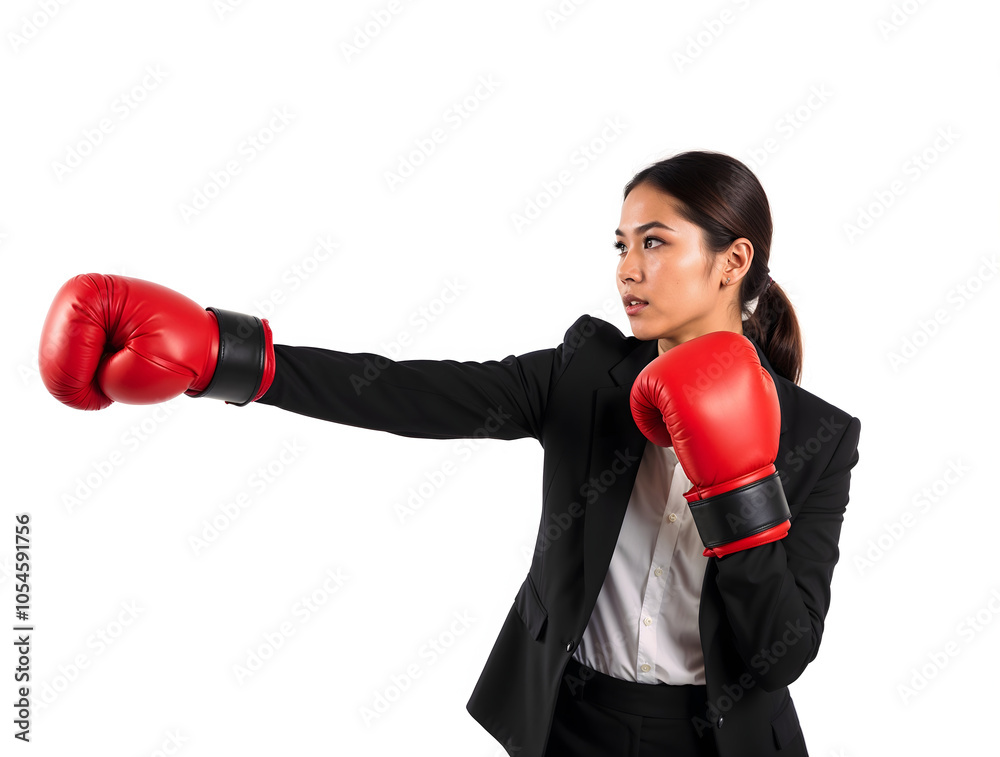 Half-body shot of an asian woman in corporate clothes, wearing red boxing gloves and extending a jab to the side. Determined look. Isolated on white background. Half-body shot of an asian woman in corporate clothes, wearing red boxing gloves and extending a jab to the side. Determined look. Isolated on white background.