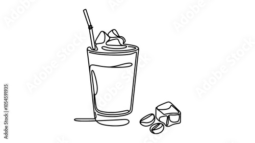 One continuous line illustration of a coffee with ice in a glass with a straw and ice, isolated on white background.