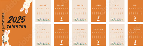 2025 Calendar design template. Monthly calendar in bright colors, cute hand drawn style. Starts on Monday. For prints, office, organizer, gift, poster, background. Editable elements