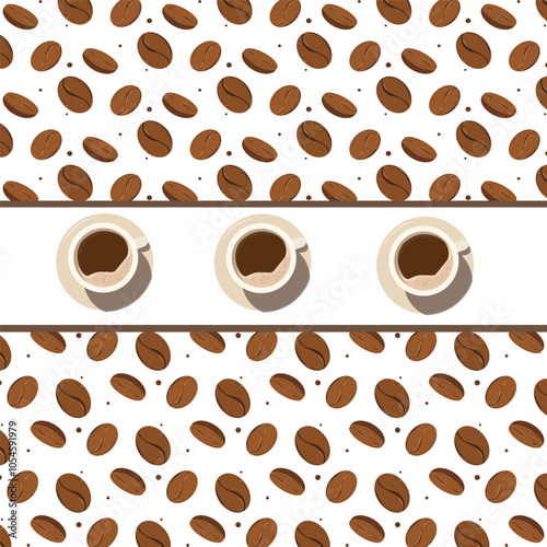 Coffee background. Background with coffee beans pattern and three cups of coffee. Isolated coffee beans on a white background. Illustration good for packaging or invitation