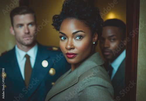 A stylish woman poses confidently with two men in a sophisticated setting.