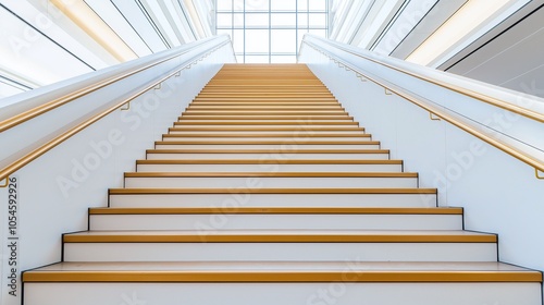 A modern staircase leading upward, showcasing an elegant design with bright light streaming through large windows.