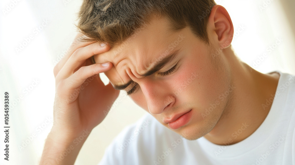 Stressed Man Holding Head with Worried Expression at Home. Stressed Man Holding Head with Worried Expression at Home.