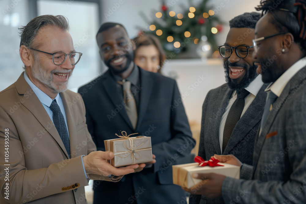 Coworkers exchanging Secret Santa gifts with laughter and joy in a holiday-themed office filled with Christmas spirit Coworkers exchanging Secret Santa gifts with laughter and joy in a holiday-themed office filled with Christmas spirit