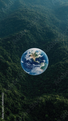 The top view reveals Earth's natural beauty, framed by an expansive, lush green forest with a variety of trees and foliage photo