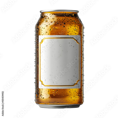 A cold beverage can with a condensation effect, featuring a blank label for customizable branding or design, isolated on white background