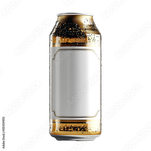 A cold beverage can with a condensation effect, featuring a blank label for customizable branding or design, isolated on white background