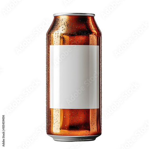 A cold beverage can with a condensation effect, featuring a blank label for customizable branding or design, isolated on white background