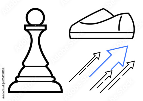 Black and white chess pawn beside shoe, three ascending arrows. Ideal for strategy, progress, growth, success, development, career advancement, motivation. Line metaphor