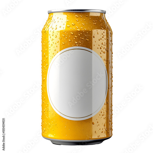A cold beverage can with a condensation effect, featuring a blank label for customizable branding or design, isolated on white background