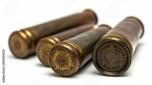 Shotgun Shells Close-Up: A close-up of isolated shotgun shells on a white background, highlighting firearm details. -