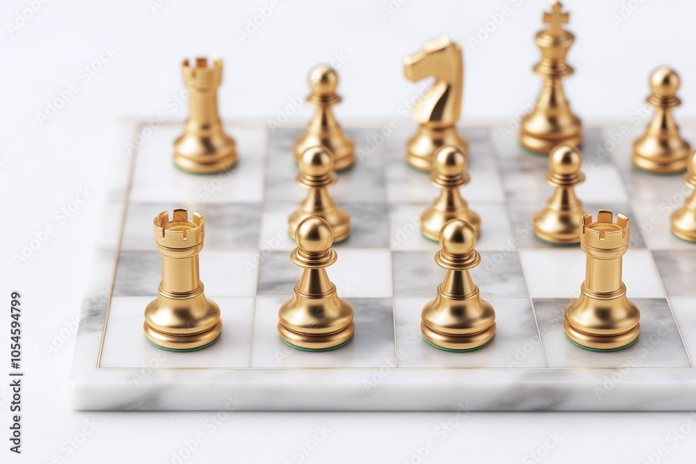 Elegant golden chess pieces arranged on a marble chessboard, representing strategy and sophistication in a classic game. Elegant golden chess pieces arranged on a marble chessboard, representing strategy and sophistication in a classic game.
