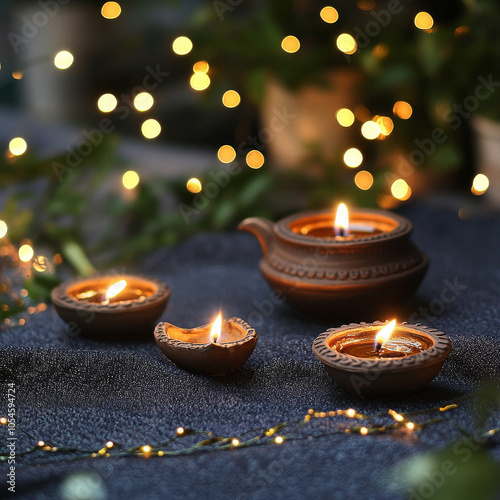 A festive Diwali background with twinkling lights and a traditional oil lamp. Perfect for sharing on social media or using as a banner for Diwali celebrations. photo