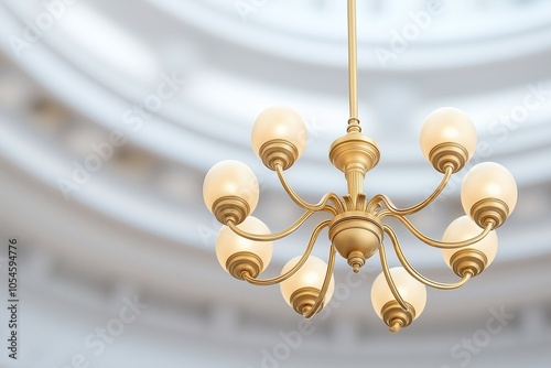 Elegant golden chandelier with round glass shades, illuminating a stylish interior space and enhancing the ambiance. photo