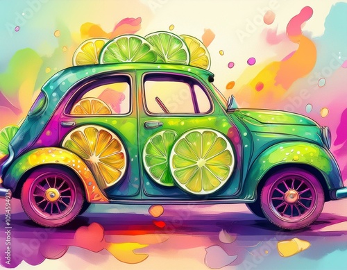 A whimsical cartoon car with vibrant, shimmery colors and lime slice wheels, full of playful charm. Its imaginative design is cheerful, eye-catching, and perfect for children’s illustrations. photo