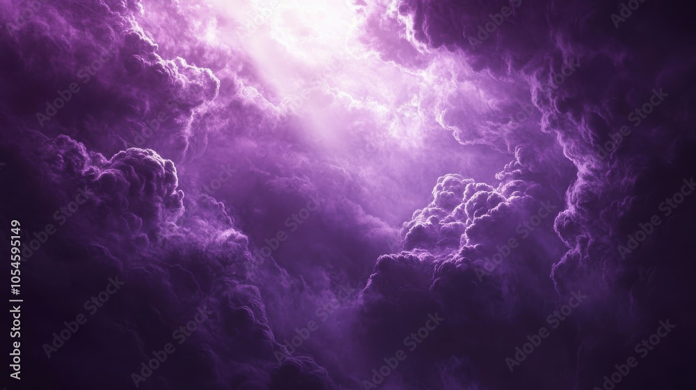 Violet storm backdrop with sunlight peeking through dark, swirling clouds, casting soft shadows on the wall. Ideal for presenting bold or luxury products. Space for text included. 