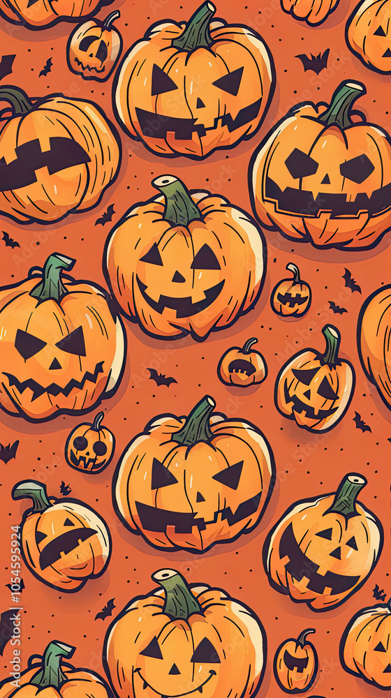 Halloween pumpkin pattern featuring various faces on orange background