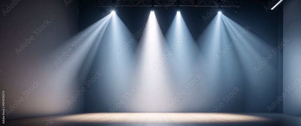 Obraz premium Stage Lights: A minimalist composition of four spotlights illuminating a dark stage, creating a dramatic and inviting atmosphere. The stage is ready for the show, the anticipation is palpable. 