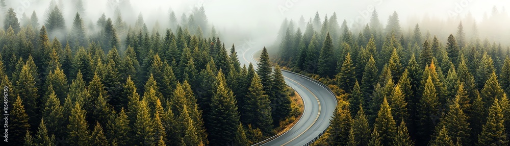 A winding road through a lush forest, surrounded by towering trees and misty atmosphere, creating a serene and tranquil landscape scene. A winding road through a lush forest, surrounded by towering trees and misty atmosphere, creating a serene and tranquil landscape scene.