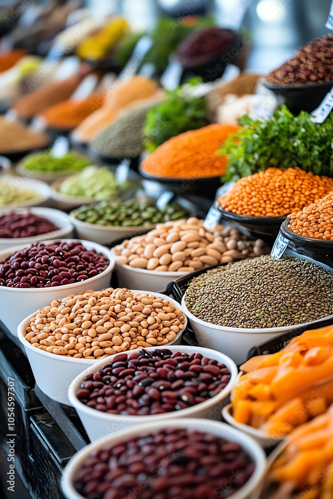 Assorted legumes and grains beautifully displayed in white bowls, showcasing a vibrant variety of healthy natural foods at a market stall.