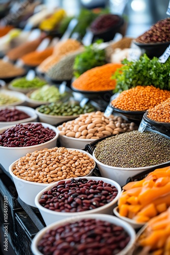 Obraz na płótnie Assorted legumes and grains beautifully displayed in white bowls, showcasing a vibrant variety of healthy natural foods at a market stall. w salonie
