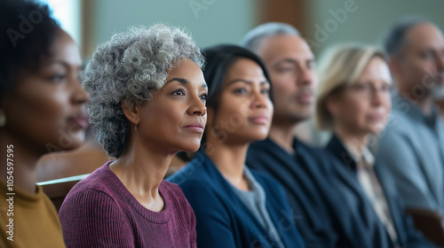 Church, community gathered pray together, worship with share belief in God strengthen their spiritual connection, deepen their commitment Christianity. Auditorium, people, crowd, diversity, faith.