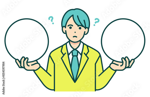 ブレザーを着た男子高校生が考え込む。選択に迷う男の子のベクターイラスト素材。
