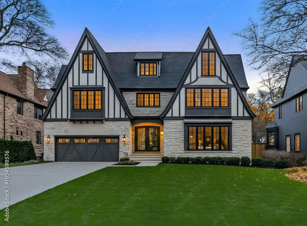 A modern Tudor-style house with large windows and a manicured lawn. A modern Tudor-style house with large windows and a manicured lawn.